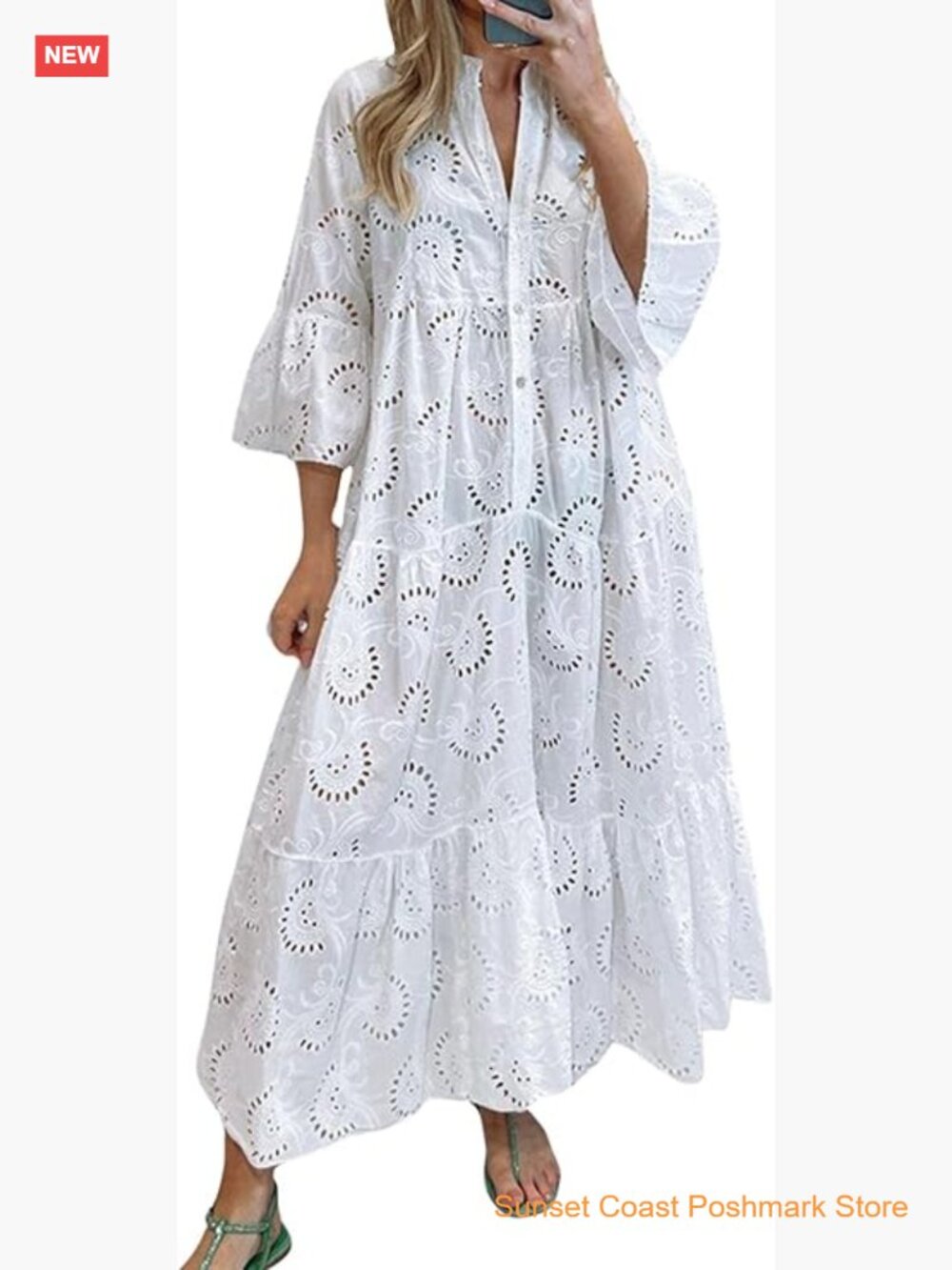 Cotton Eyelet Maxi Dress Embroidered Flowy Boho Lace Swing A-Line Tiered Shirt